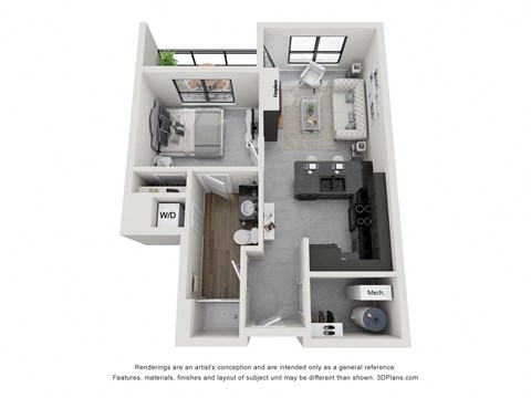 A 3D floor plan of a small apartment with a kitchen, living room, and bathroom.